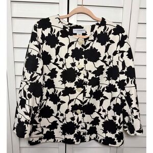 Sag Harbor Floral Linen Blend 3/4 Sleeve Button Front Blazer Women's Size 16